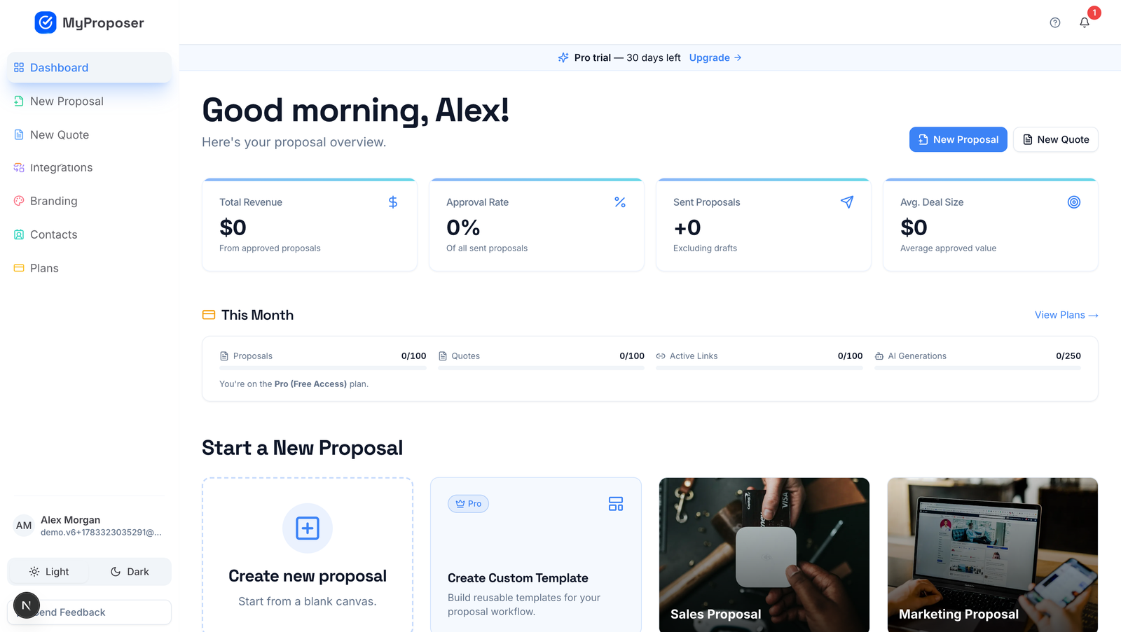 The MyProposer dashboard listing client proposals with their status, views and totals